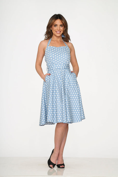 Ljusblå&Vit Prickig Swingklänning
