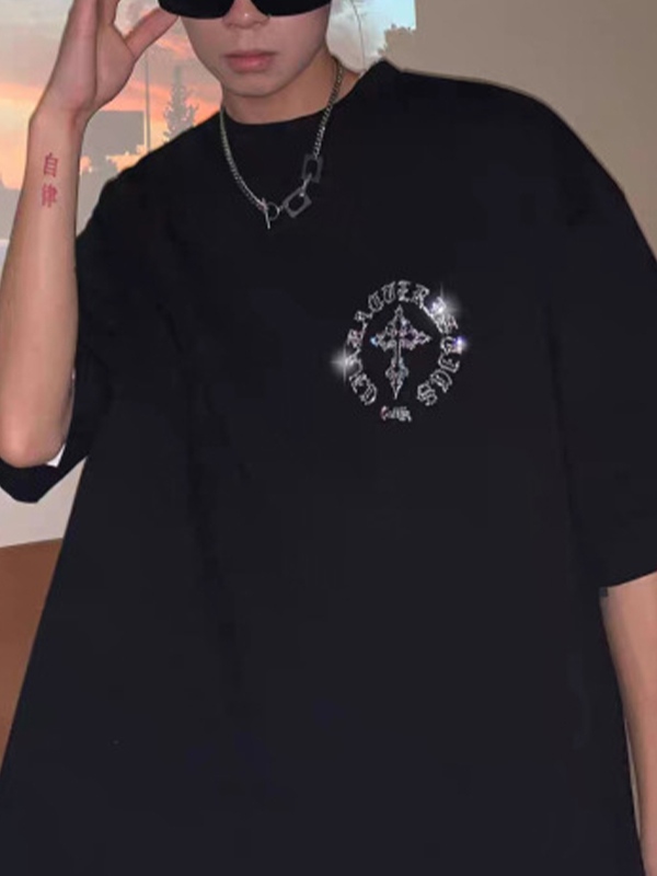 Herren-Kurzarm-T-Shirt mit Kreuz-Strasssteinen