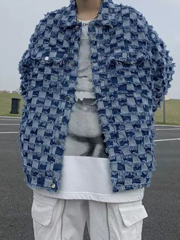 Vintage-Jeansjacke mit kariertem Reverskragen für Herren