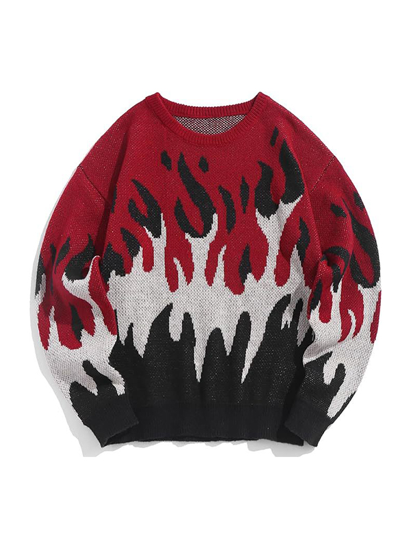 Herren-Pullover mit Rundhalsausschnitt aus kontrastfarbenem Flammen-Jacquard