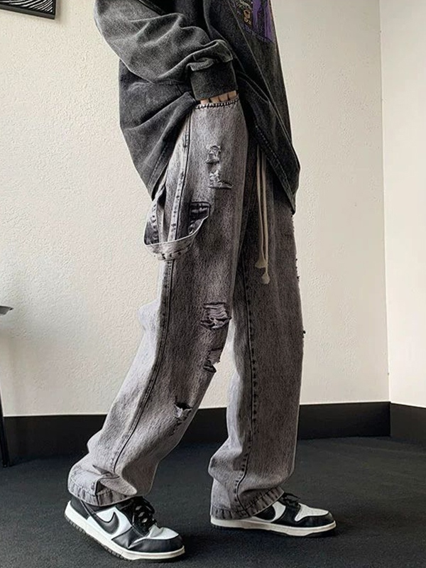 Lose Herrenjeans mit zerrissenem Kordelzug in grauer Waschung