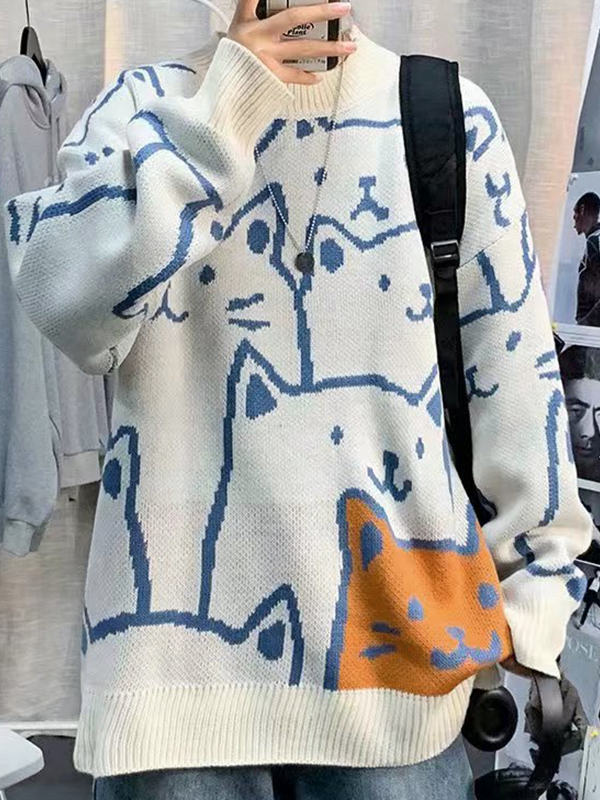 Jacquard-Pullover mit Rundhalsausschnitt für Herren mit Allover-Cartoon-Katzenmuster