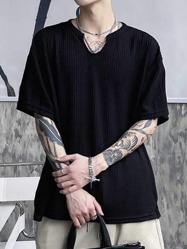 Herren-Kurzarm-T-Shirt aus festem Mesh mit gekerbtem Ausschnitt