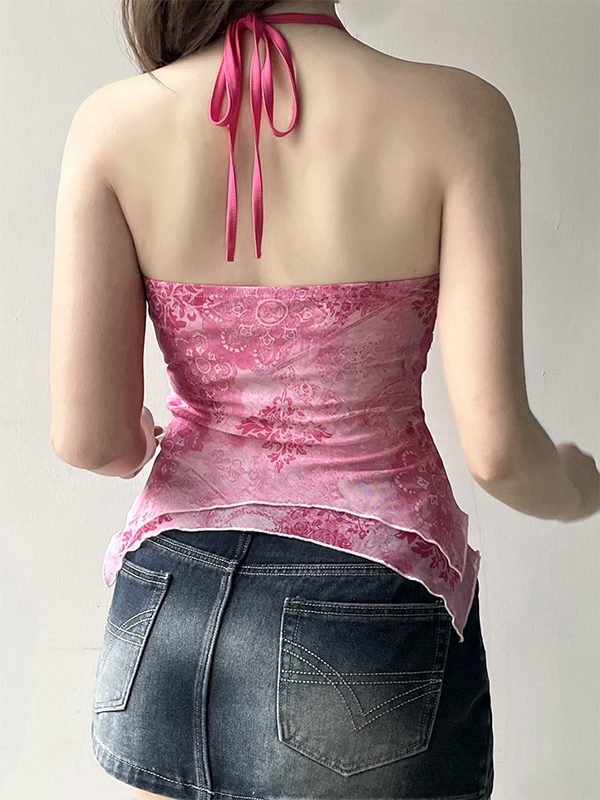 Blumendruck Retro Perlen Unregelmäßig Hot Girl Neckholder Träger Weste