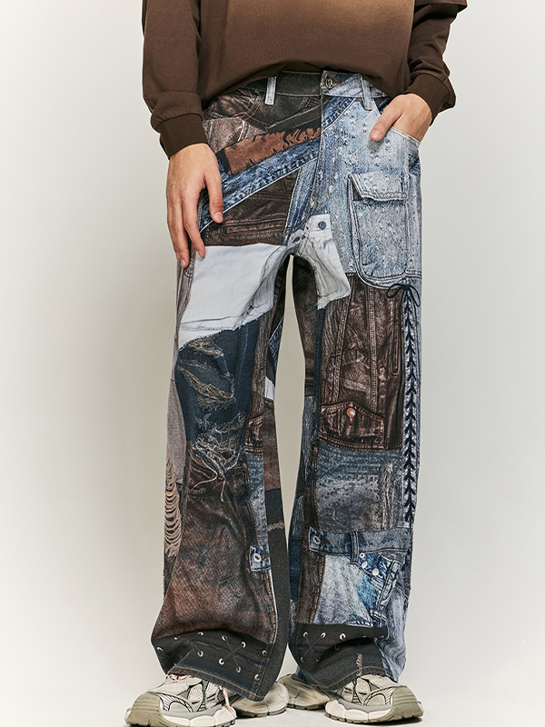 Schwere Jeans in Neutral mit Aufdruck und mehreren Patches