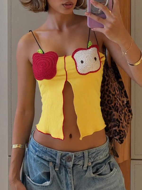 Gestricktes, kurzes Tanktop mit Stickerei und Apfel-Print