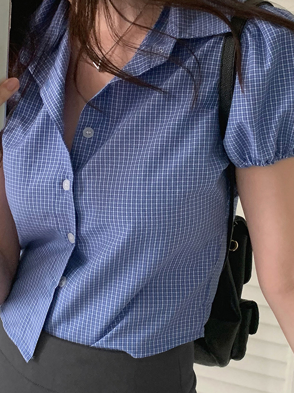 Retro Blau Kariertes Hemd mit kurzen Ärmeln