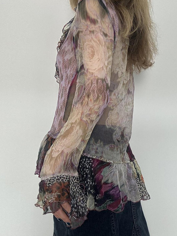 Bluse mit V-Ausschnitt und Spitzenbesatz und langen Glockenärmeln