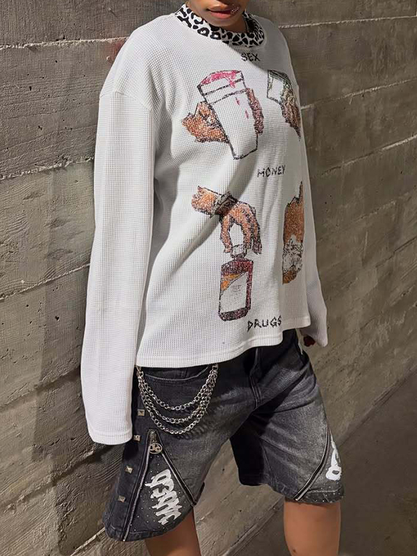 Y2K Leopardenmuster Rundhals T-Shirt Langarm