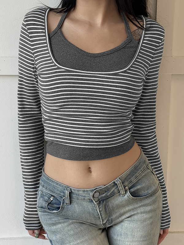 Gestreiftes Patchwork-Zweiteiler-Langarm-T-Shirt