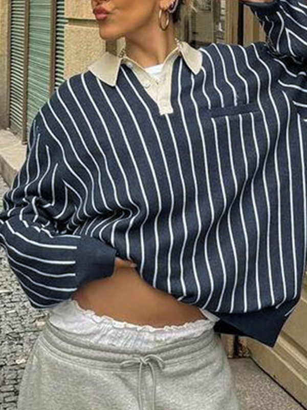 Gestreifter Polokragen, locker, übergroß, lange Ärmel