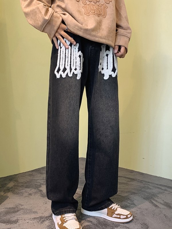 Fuzzy Letter Straight Leg Jeans für Herren