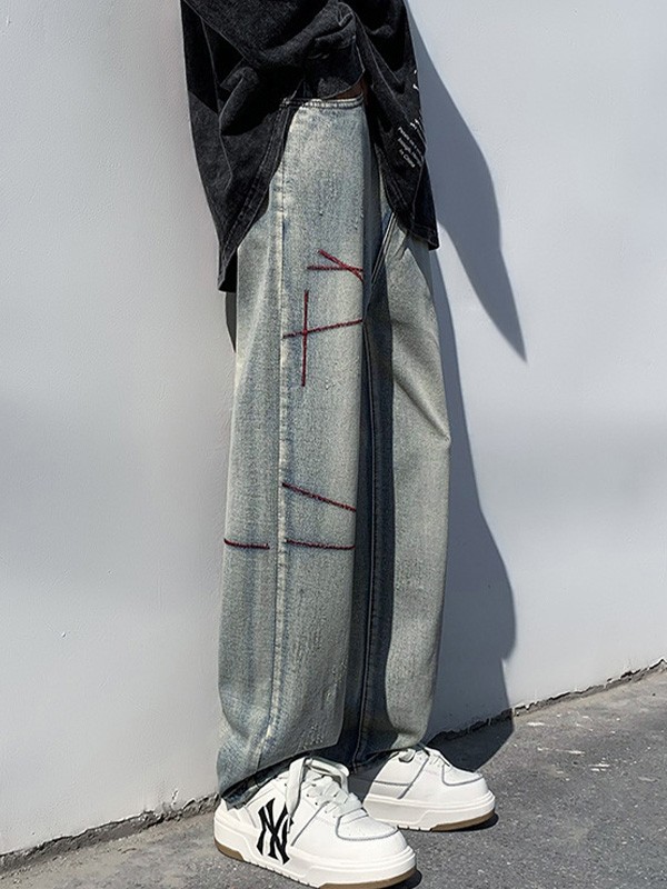 Genähte Distressed-Jeans mit geradem Bein für Herren