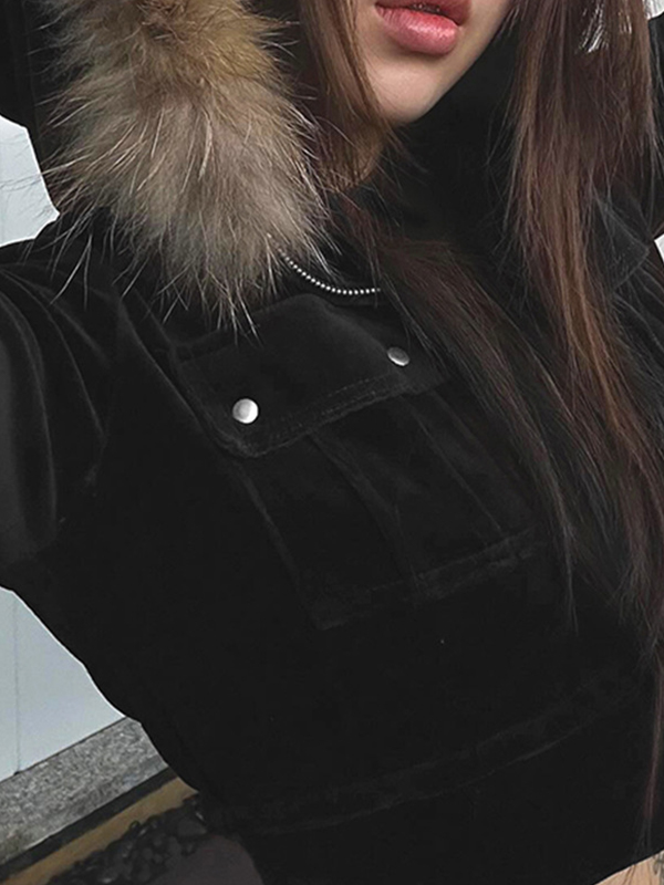 Pelzige Patchwork-Kapuzenjacke mit Reißverschluss