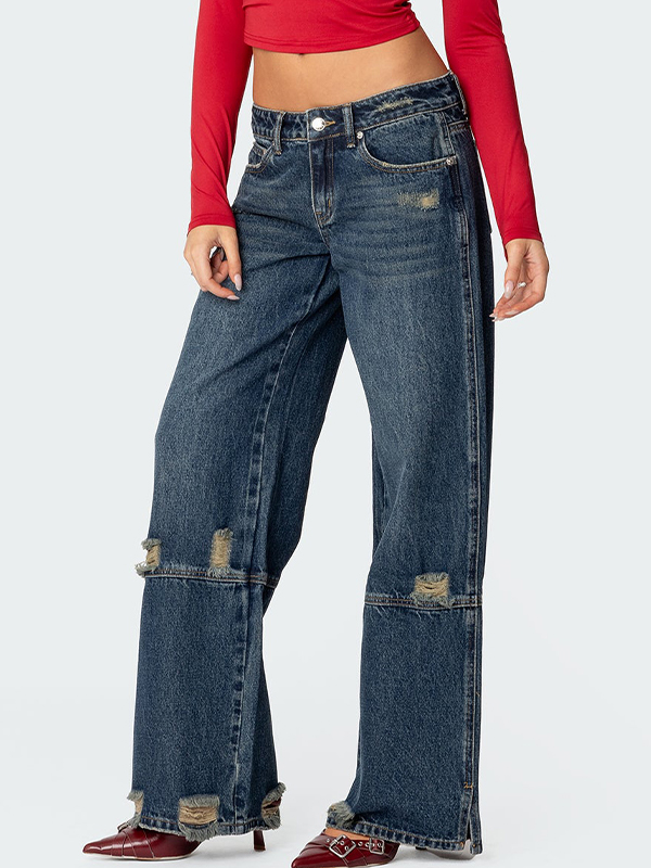 Distressed-Boyfriendjeans mit Schlitzen und niedriger Taille