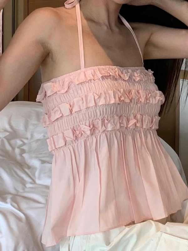 Neckholder-Weste mit Rüschen, Holzohrring-Saum