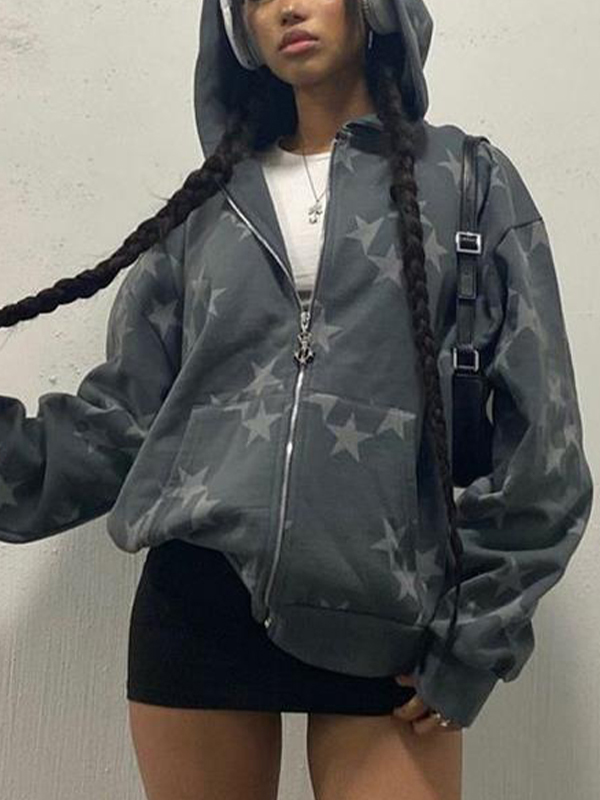 Übergroßer Kapuzenpullover mit Sternendruck und Reißverschluss