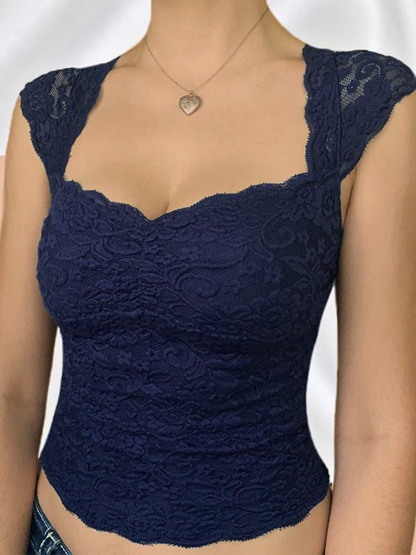 Schmales Kurzarm-T-Shirt aus Spitze