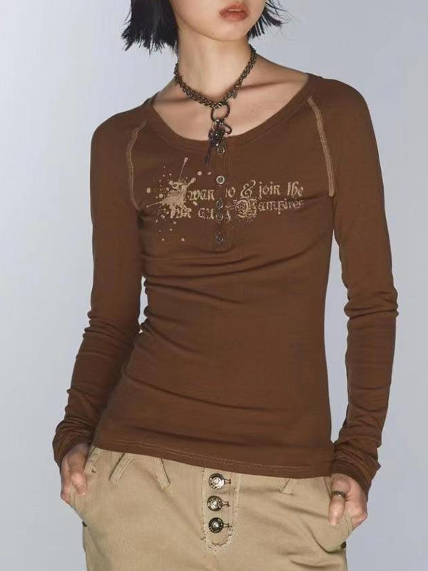 Langarm-T-Shirt mit V-Ausschnitt und Vintage-Print