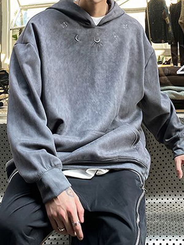 Übergroßer Kapuzenpullover mit Mond- und Sternstickerei aus Wildleder für Herren