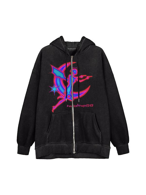 Übergroßer Kapuzenpullover mit Vintage-Grafikdruck und Reißverschluss