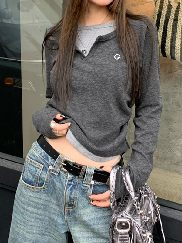 Fake Zweiteiliges Langarm-T-Shirt in Kontrastfarbe