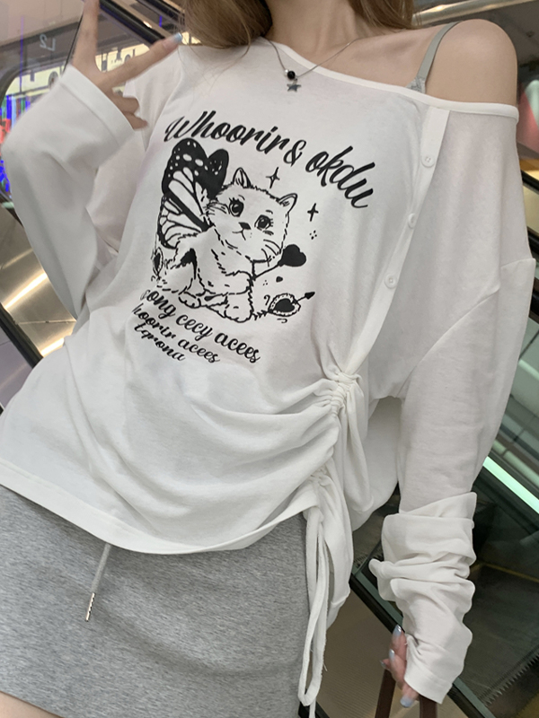 Schulterfreies Oversized-Langarm-T-Shirt mit Katzen-Print