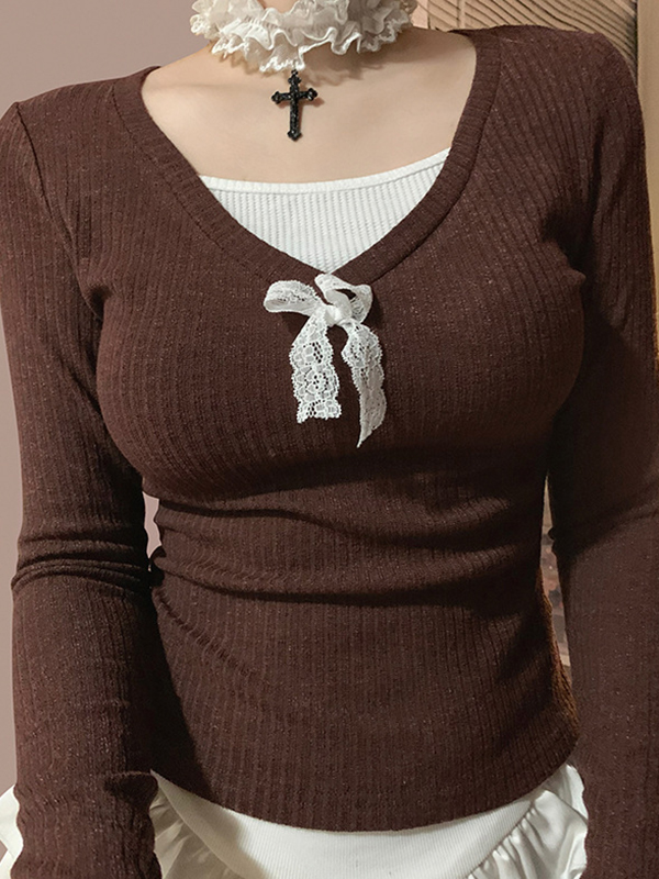 Übergroßes Langarm-T-Shirt mit Spitzenschleife in Kontrastfarbe