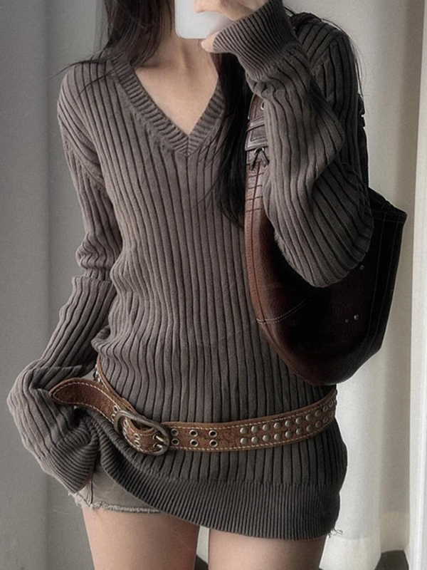 Retro-Strickwaren mit V-Ausschnitt und langen Ärmeln