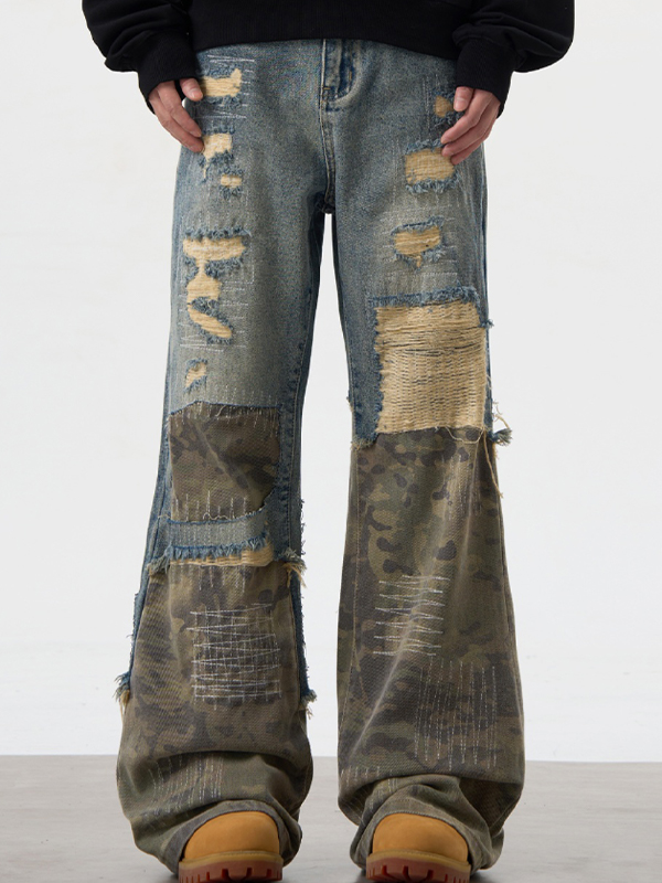Zerrissene, lockere Jeans mit Camouflage-Nähten für Herren
