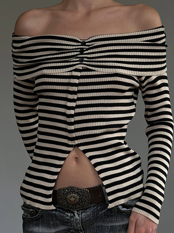 Einschultriger, gestreifter Langarm-Strick