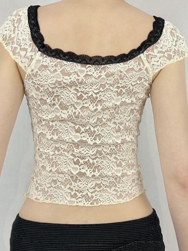 Kurzärmliges T-Shirt mit V-Ausschnitt und Farbblock-Spitze