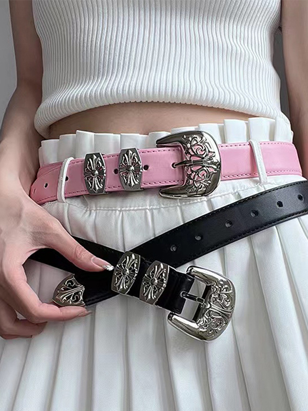 1 Gürtel mit hohler, geschnitzter Kreuzschnalle