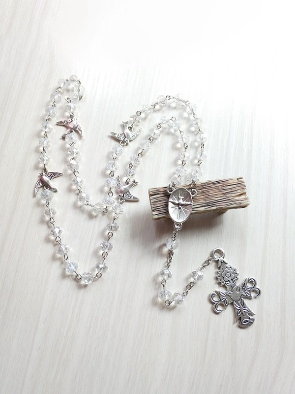 Taube Kreuz Anhänger lange Perlenkette