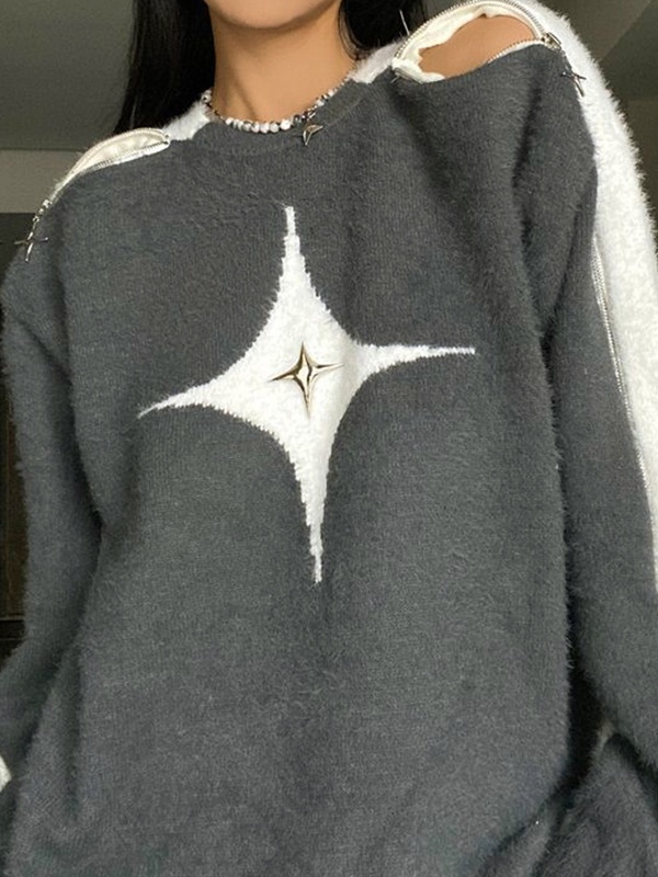 Lose Pullover mit Reißverschluss und Ausschnitt und Sternendekor