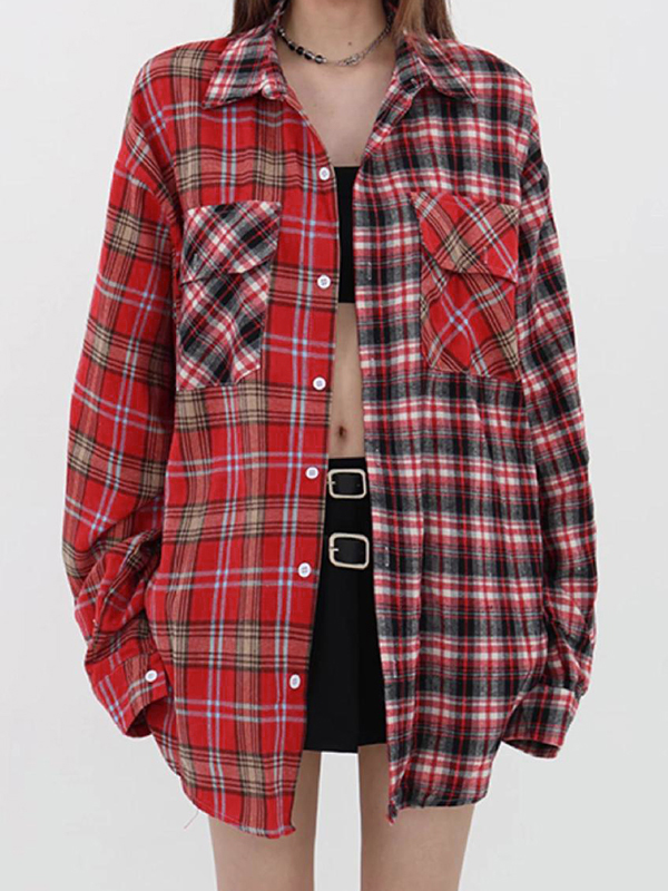 Vintage karierte Spleiß-Langarmbluse